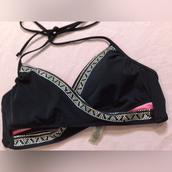 Viictoria’s secret PINK Black and Pink Embellished Bikini Top size L - Picture 2 of 4